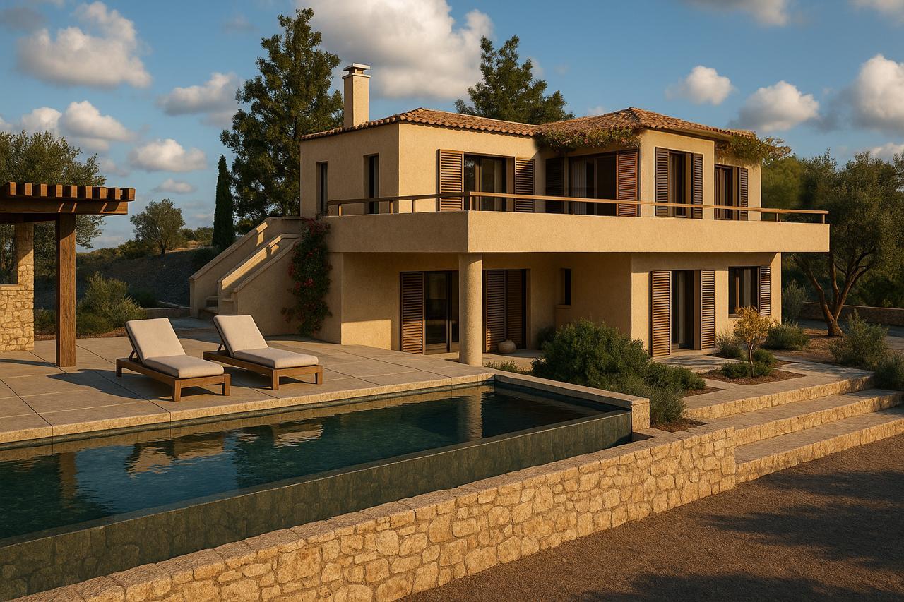 Architectural render of the proposed villa and pool on the Kilada plot